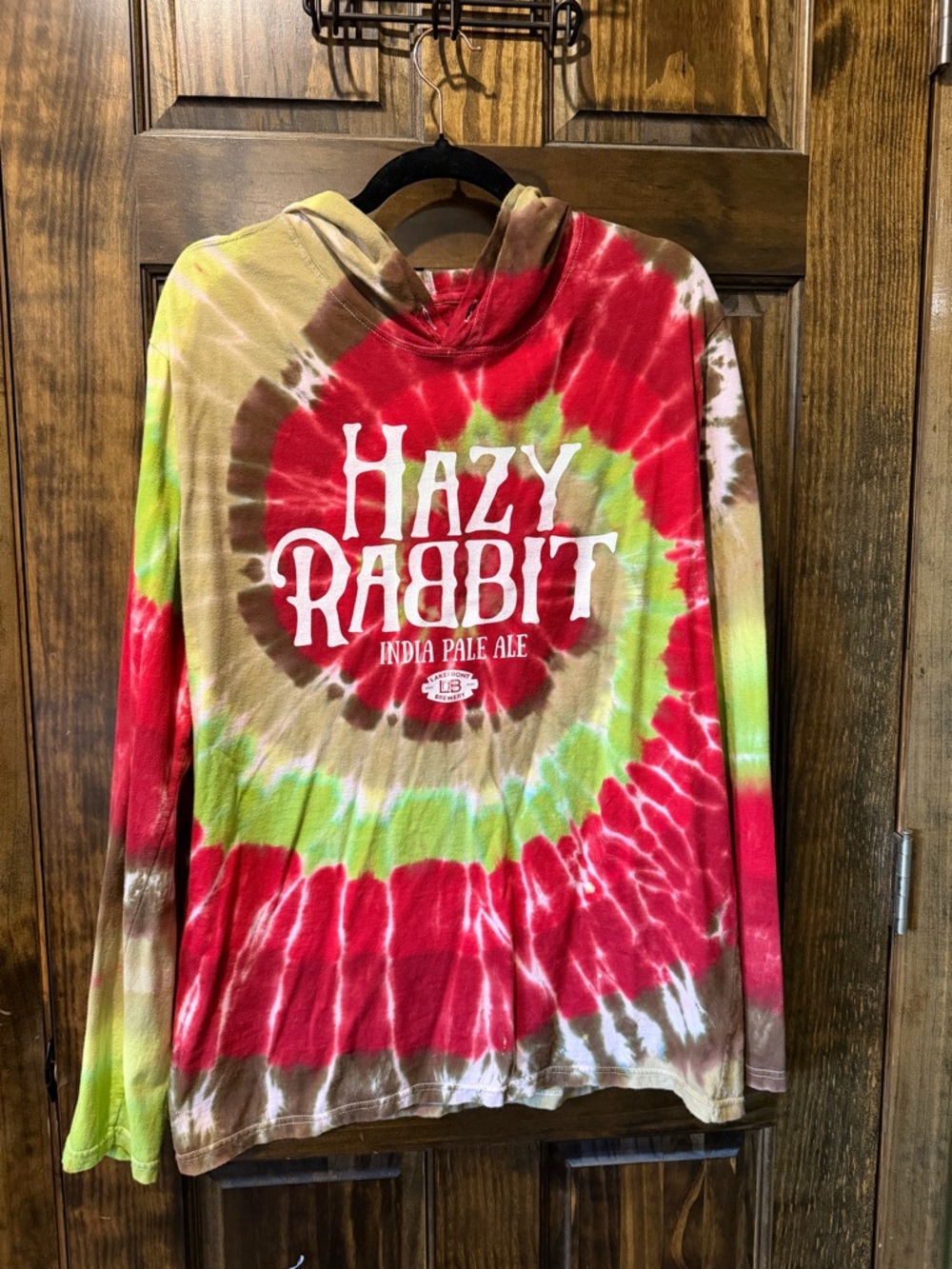 Lakefront Brewery Hazy Rabbit Tie-Dye Hooded Long Sleeve Tee - Red, Green, Brown